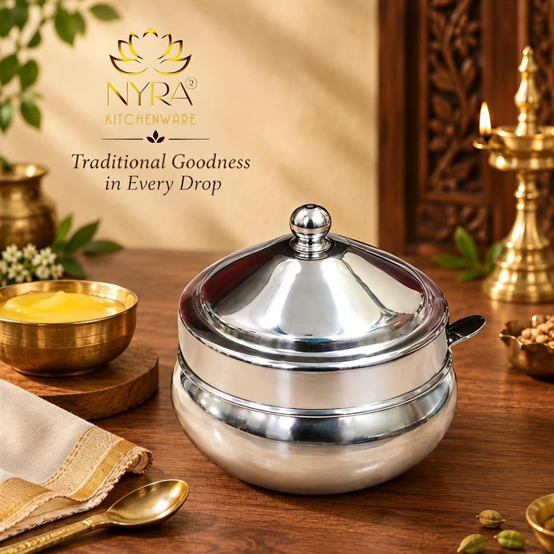 nyra-kitchenware-matka-ghee-pot-with-lid-and-spoon-traditional-silver-tone-ghee-storage-container-for-kitchen-available-in-two-sizes