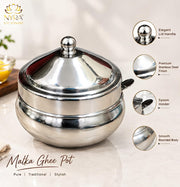 nyra-kitchenware-matka-ghee-pot-with-lid-and-spoon-traditional-silver-tone-ghee-storage-container-for-kitchen-available-in-two-sizes