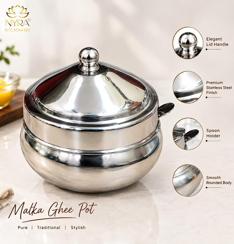 nyra-kitchenware-matka-ghee-pot-with-lid-and-spoon-traditional-silver-tone-ghee-storage-container-for-kitchen-available-in-two-sizes