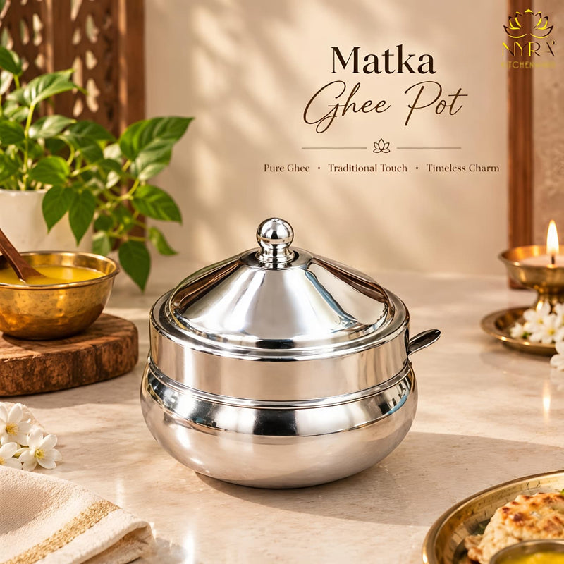 nyra-kitchenware-matka-ghee-pot-with-lid-and-spoon-traditional-silver-tone-ghee-storage-container-for-kitchen-available-in-two-sizes