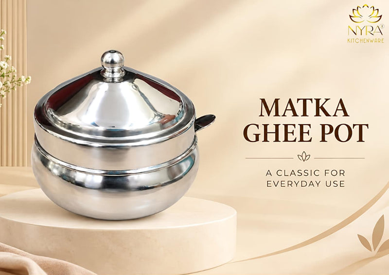nyra-kitchenware-matka-ghee-pot-with-lid-and-spoon-traditional-silver-tone-ghee-storage-container-for-kitchen-available-in-two-sizes