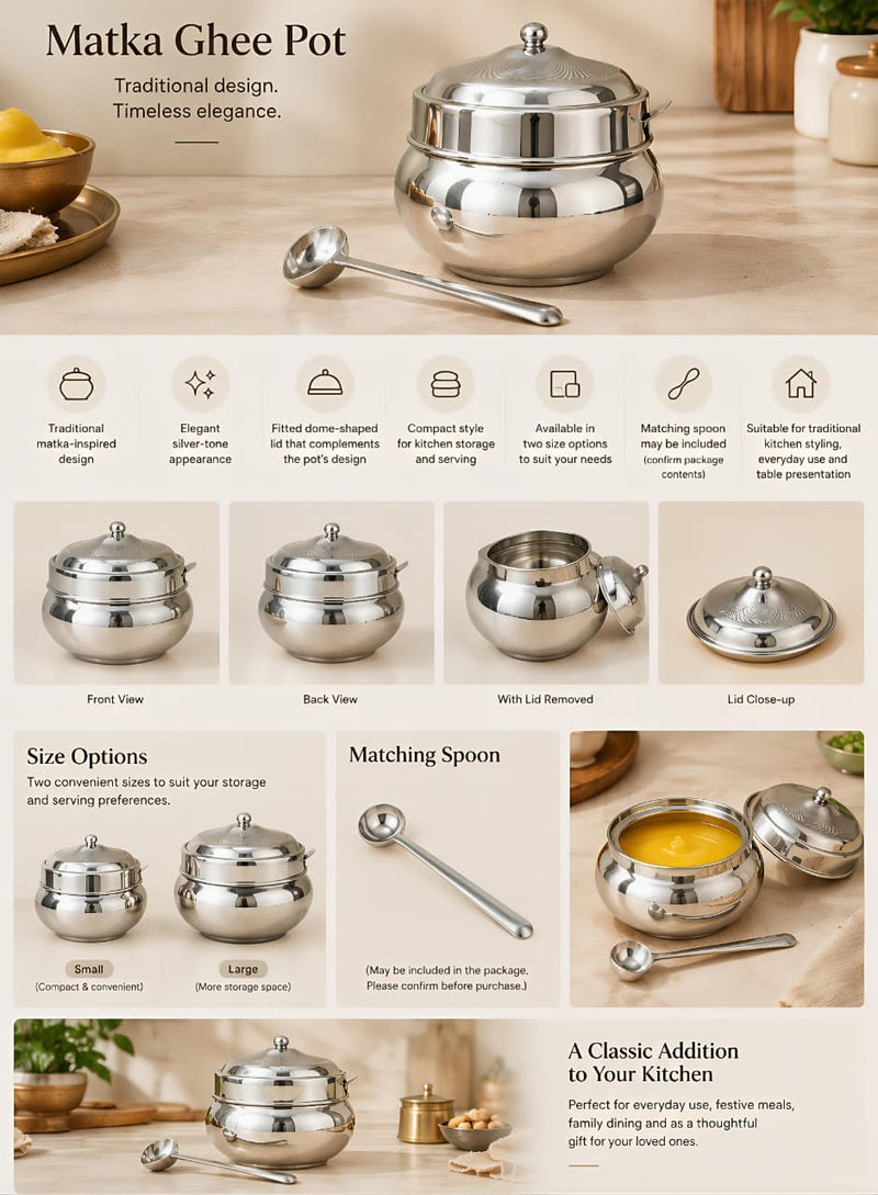 nyra-kitchenware-matka-ghee-pot-with-lid-and-spoon-traditional-silver-tone-ghee-storage-container-for-kitchen-available-in-two-sizes