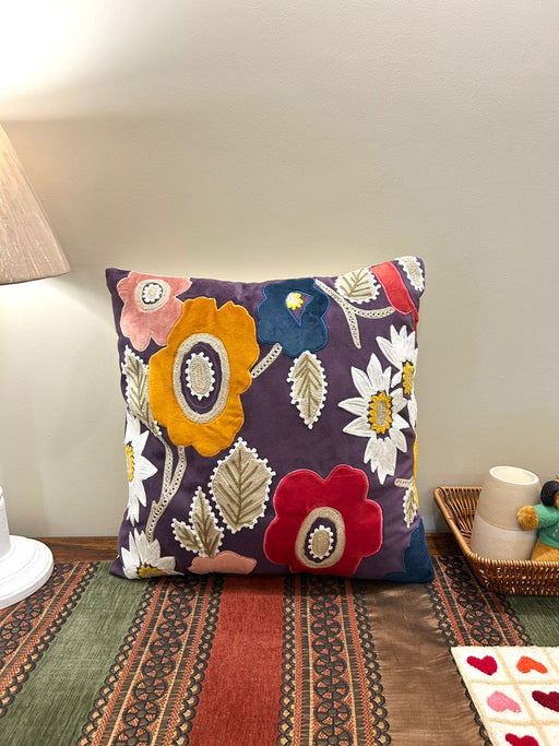 Nurture India Velvet Cushion Cover Applique Embroidery 16x 16-Inch