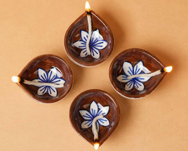 Nurture India Terracotta Bloom Ceramic Diya s 4-Piece Set
