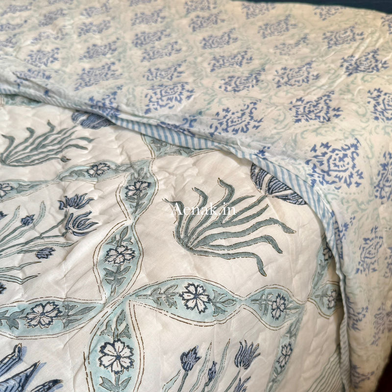 aenak-blue-lotus-handblock-printed-reversible-mulmul-cotton-quilt