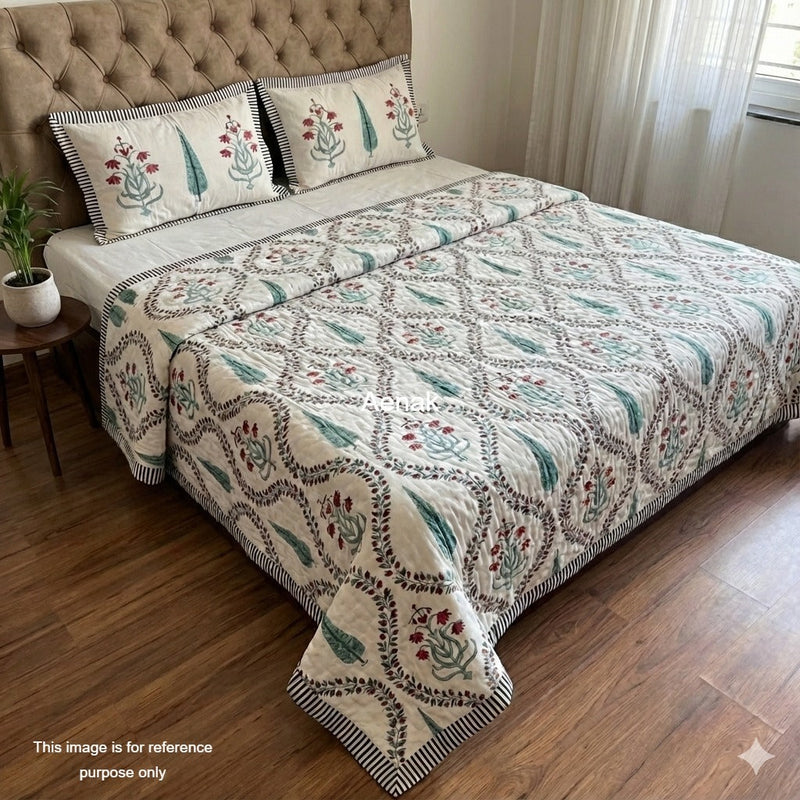 aenak-teal-green-cypress-jaal-handblock-bedsheet-quilt-combo-set