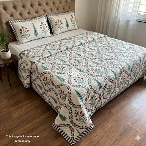 aenak-teal-green-cypress-jaal-handblock-bedsheet-quilt-combo-set
