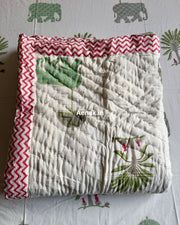 aenak-green-elephant-handblock-bedsheet-quilt-combo-set