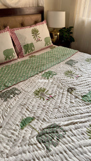 aenak-green-elephant-handblock-bedsheet-quilt-combo-set