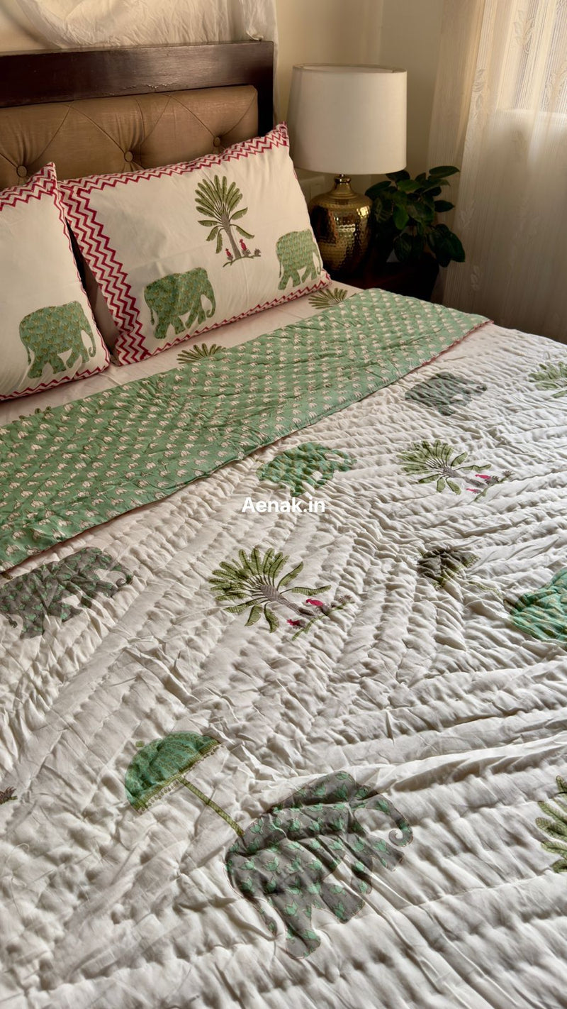 aenak-green-elephant-handblock-bedsheet-quilt-combo-set