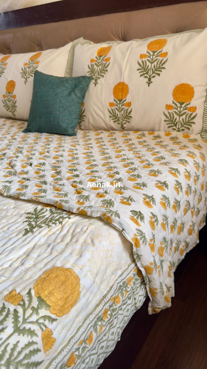 aenak-yellow-pani-jaal-handblock-bedsheet-quilt-combo-set