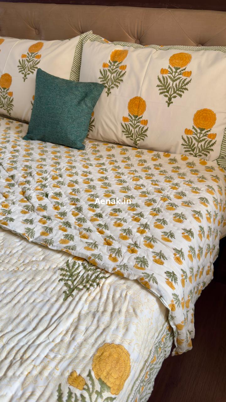 aenak-yellow-pani-jaal-handblock-bedsheet-quilt-combo-set