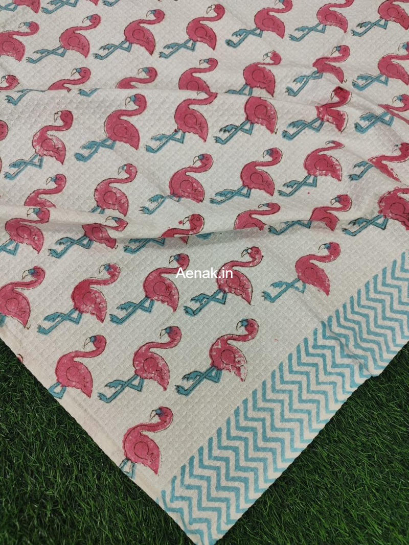 aenak-pink-flamingo-handblock-printed-waffle-cotton-bathing-towel