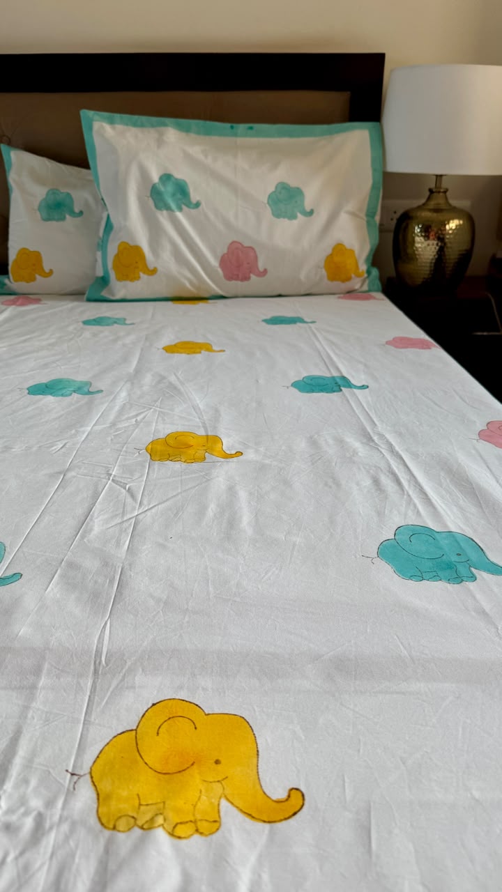 aenak-pink-yellow-elephant-handblock-premium-cotton-bedsheet-set