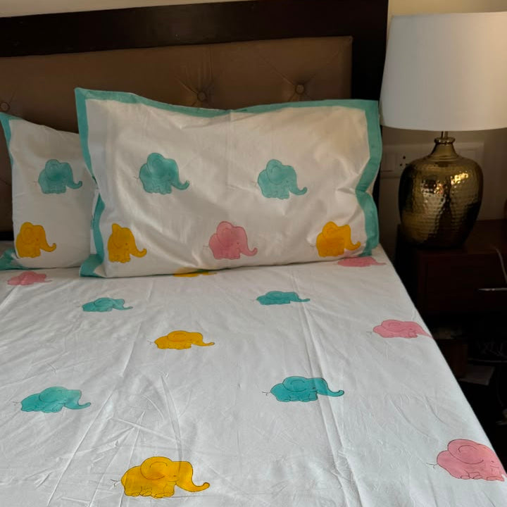 aenak-pink-yellow-elephant-handblock-premium-cotton-bedsheet-set