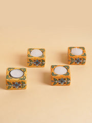 Nurture India Square Ceramic Diya Yellow assorted 4-Piece Set