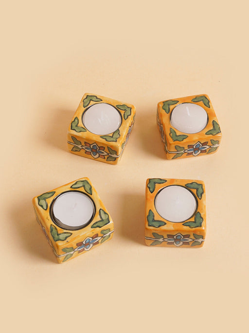 Nurture India Square Ceramic Diya Yellow assorted 4-Piece Set