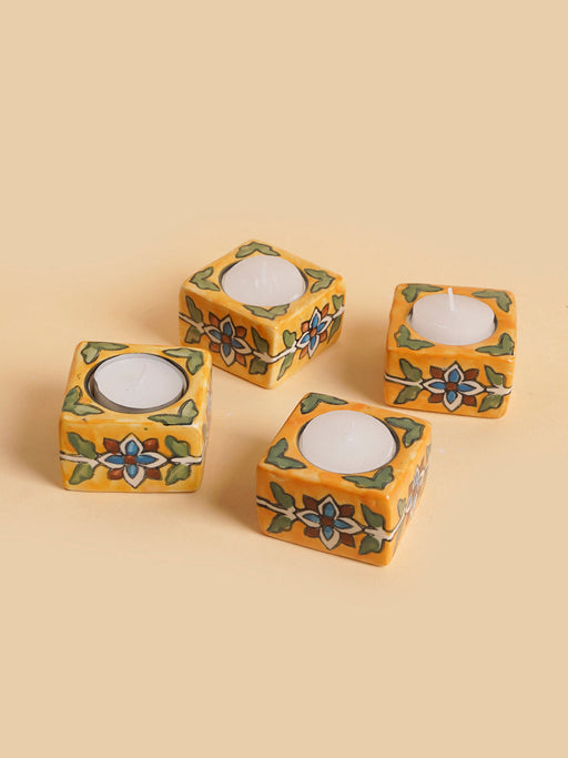 Nurture India Square Ceramic Diya Yellow assorted 4-Piece Set