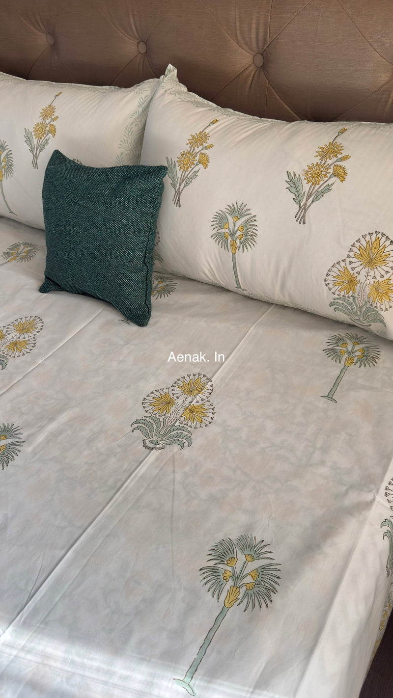 aenak-yellow-blossom-handblock-premium-cotton-bedsheet-set