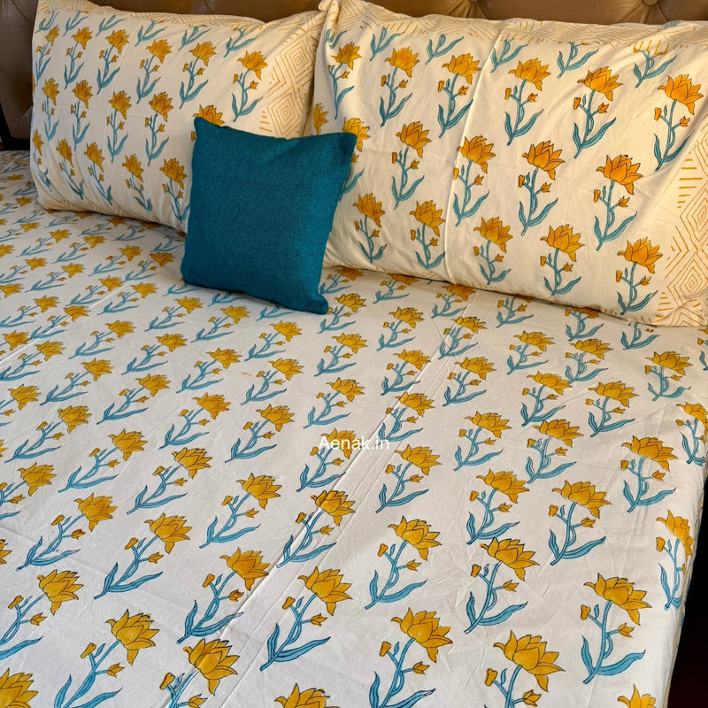 aenak-yellow-lotus-handblock-printed-premium-cotton-bedsheet-set
