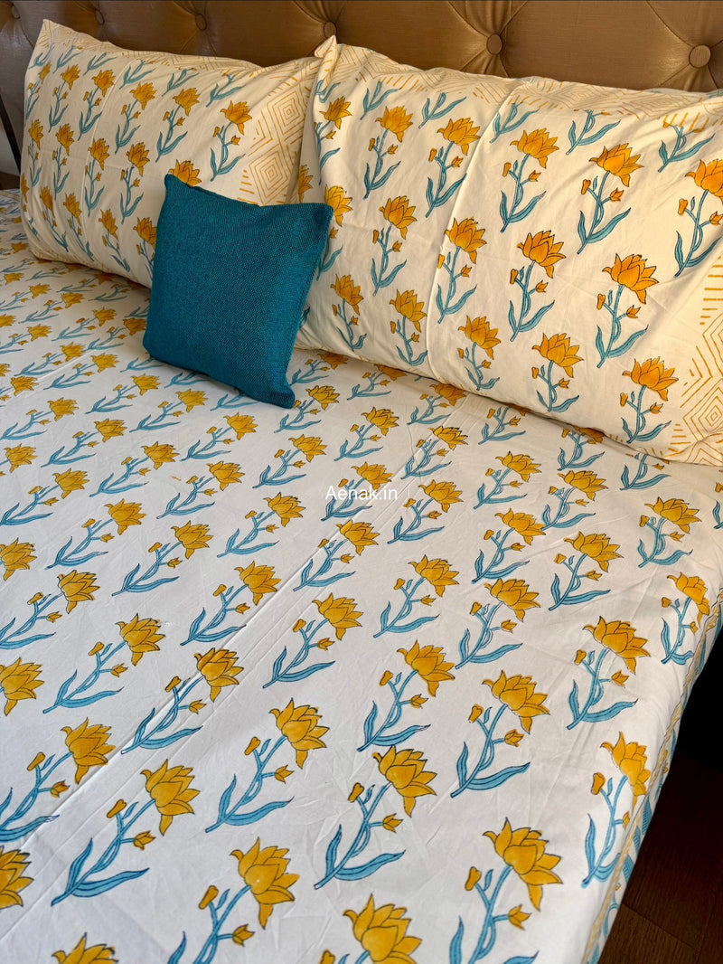 aenak-yellow-lotus-handblock-printed-premium-cotton-bedsheet-set