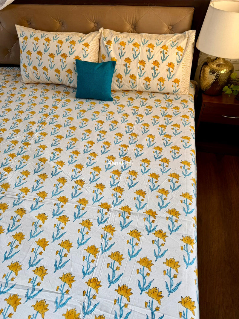aenak-yellow-lotus-handblock-printed-premium-cotton-bedsheet-set