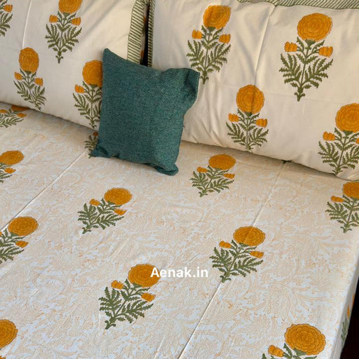 aenak-yellow-marigold-paani-jaal-handblock-bedsheet-dohar-combo-set