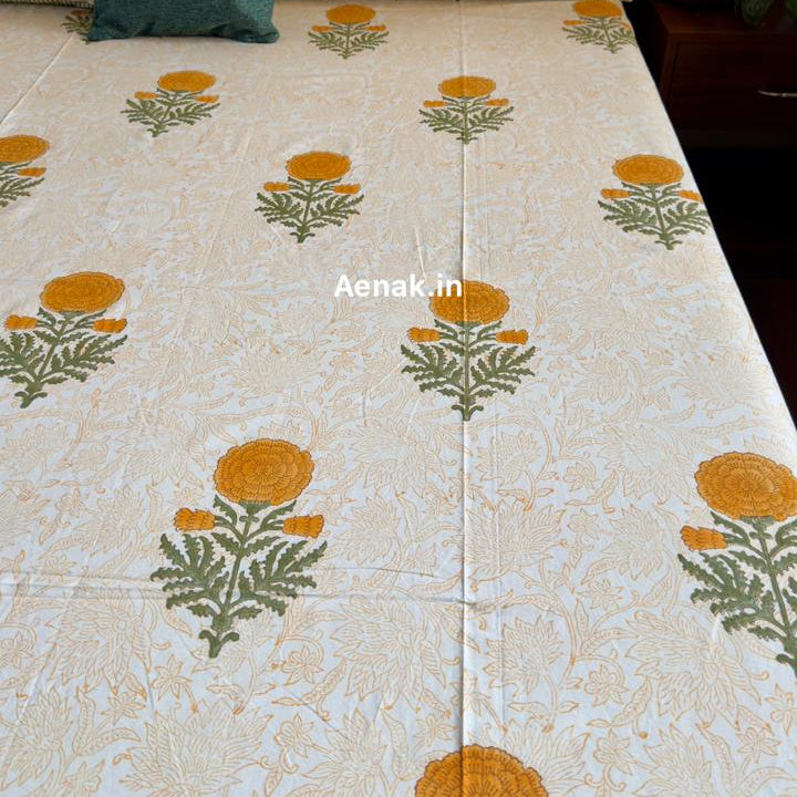 aenak-yellow-marigold-paani-jaal-handblock-bedsheet-dohar-combo-set