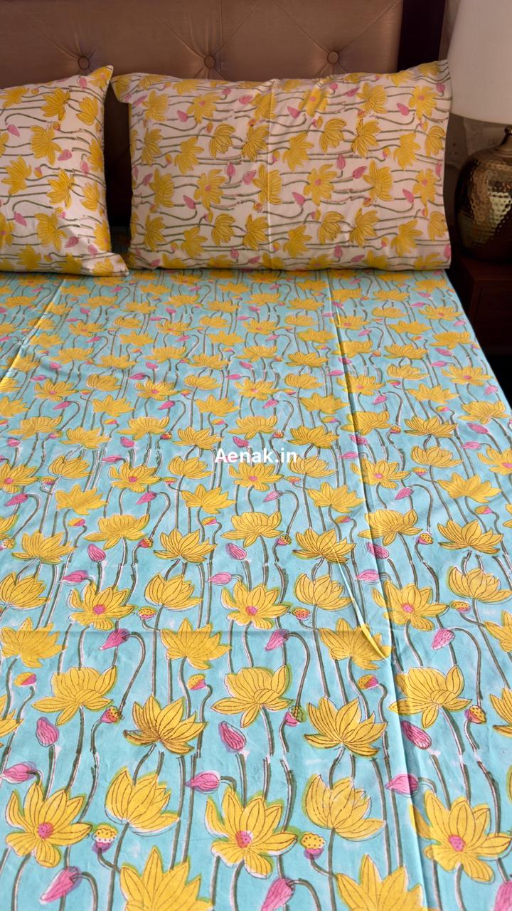 aenak-yellow-pichwai-lotus-handblock-premium-cotton-bedsheet-set