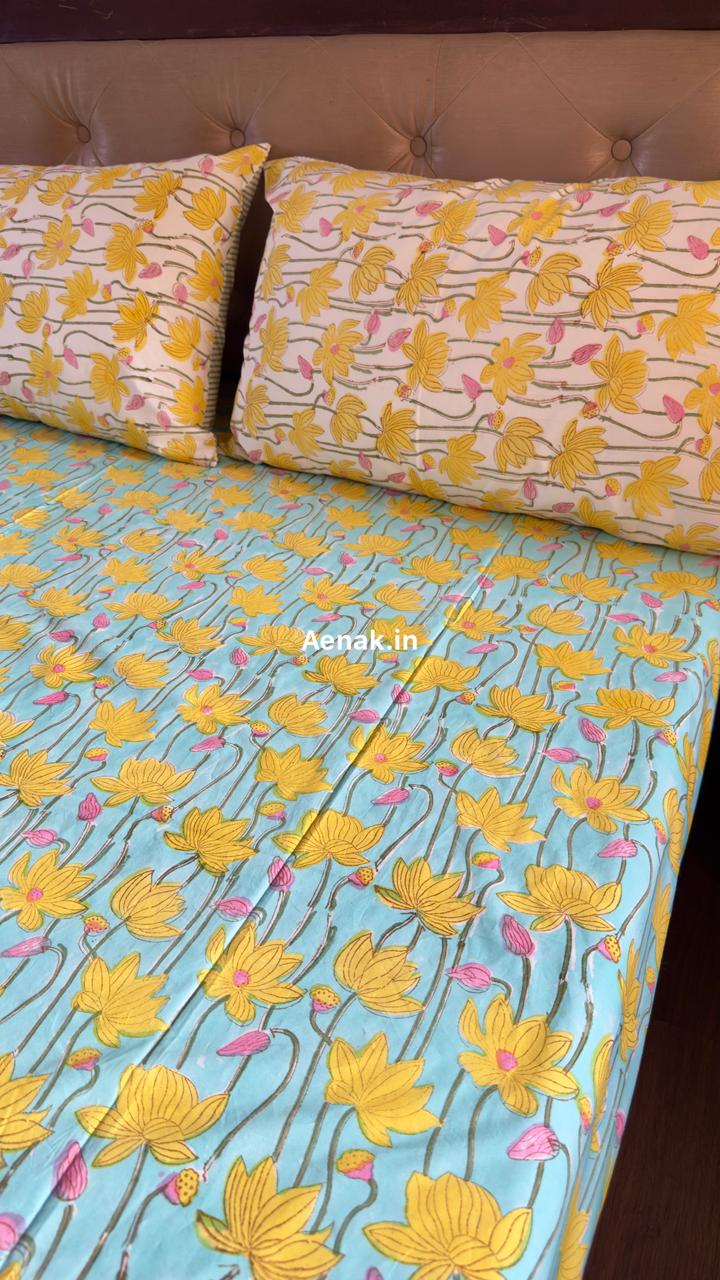 aenak-yellow-pichwai-lotus-handblock-premium-cotton-bedsheet-set
