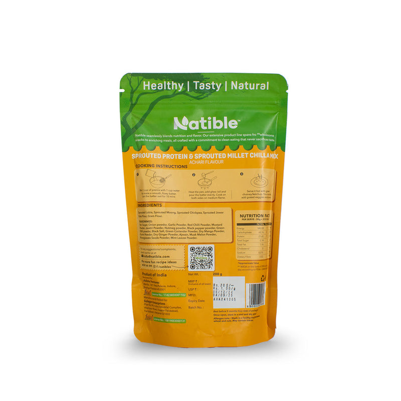 Natible Sprouted Protein and Sprouted Millet Chilla Mix Variety Pack- Achari Flavor – Savory Indian Pancake Mix (7.05 oz)