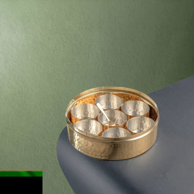 Brass Spice Box- Large with Tin coating & Plate – Masala Spice Box