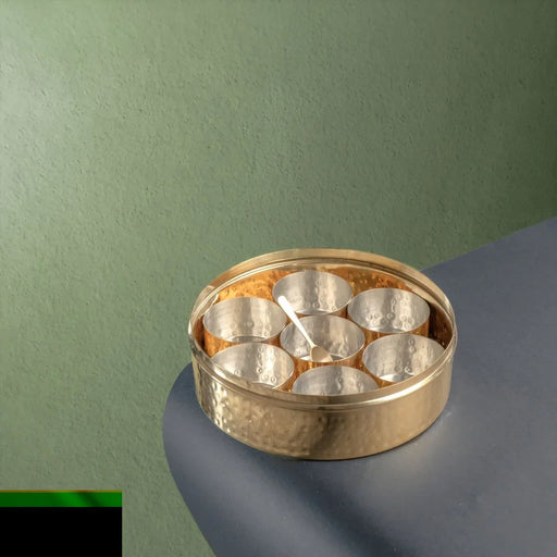Brass Spice Box- Large with Tin coating & Plate – Masala Spice Box