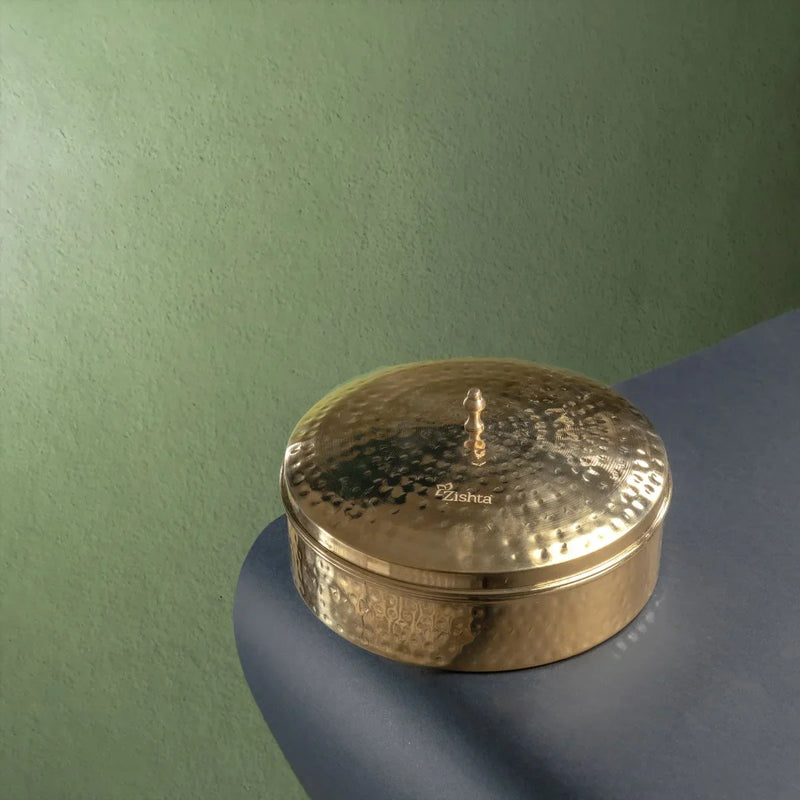 Brass Spice Box- Large with Tin coating & Plate – Masala Spice Box