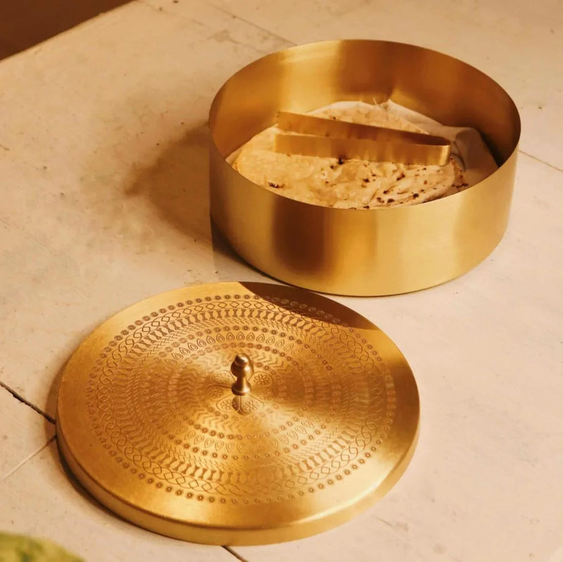 Brass Roti Chapati Box Mandala Art design with Tong – Utensil