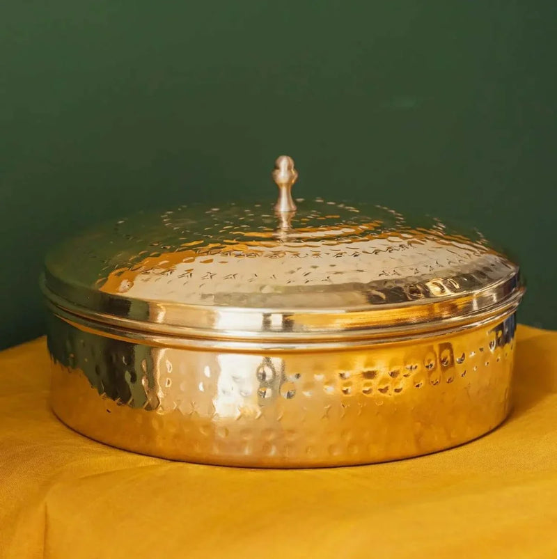 Brass Spice Box- Large with Tin coating & Plate – Masala Spice Box