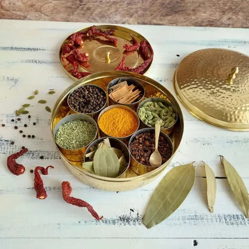 Brass Spice Box- Large with Tin coating & Plate – Masala Spice Box