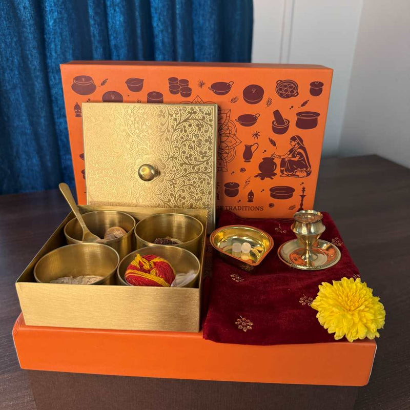 Brass Square Box with 4 Cups - Gift Set – Brass Spice Storage Box