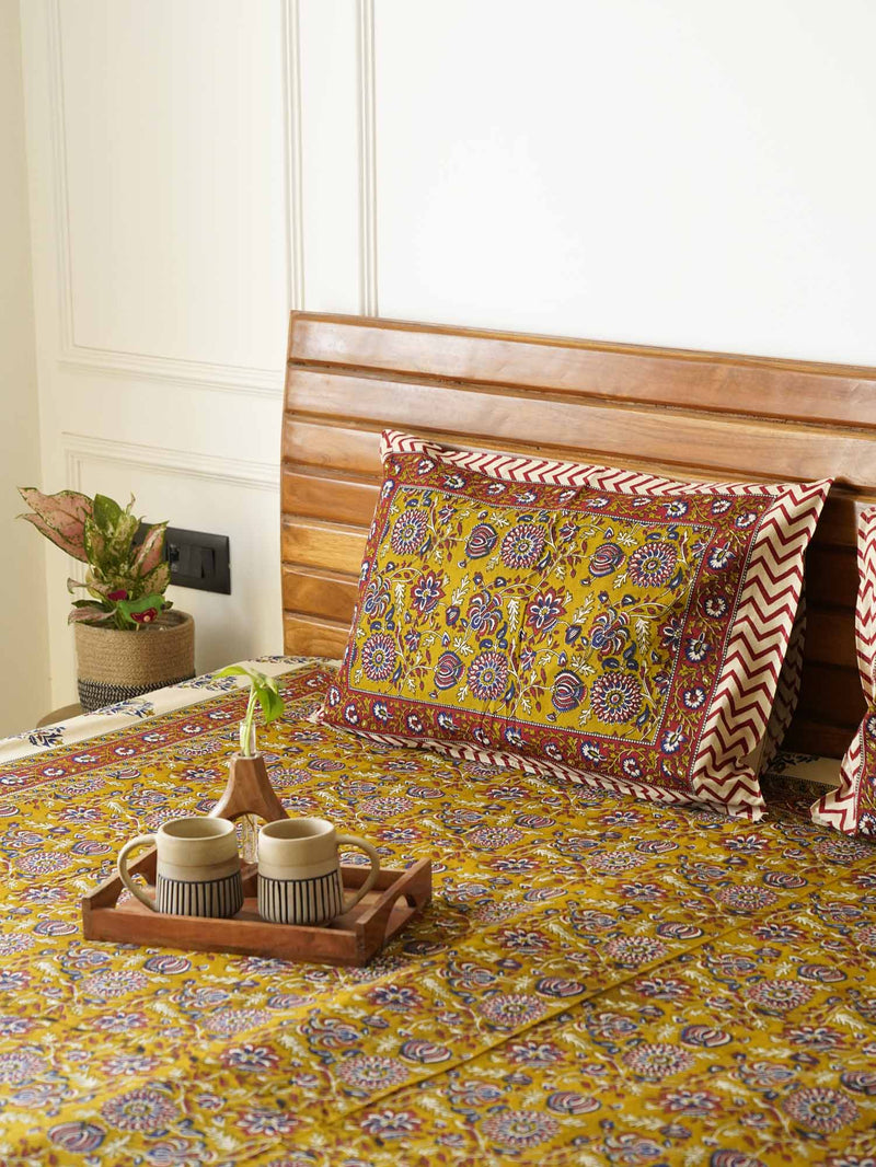 local-kala-kalamkari-mustard-flat-fitted-bedsheet-90x108-inches