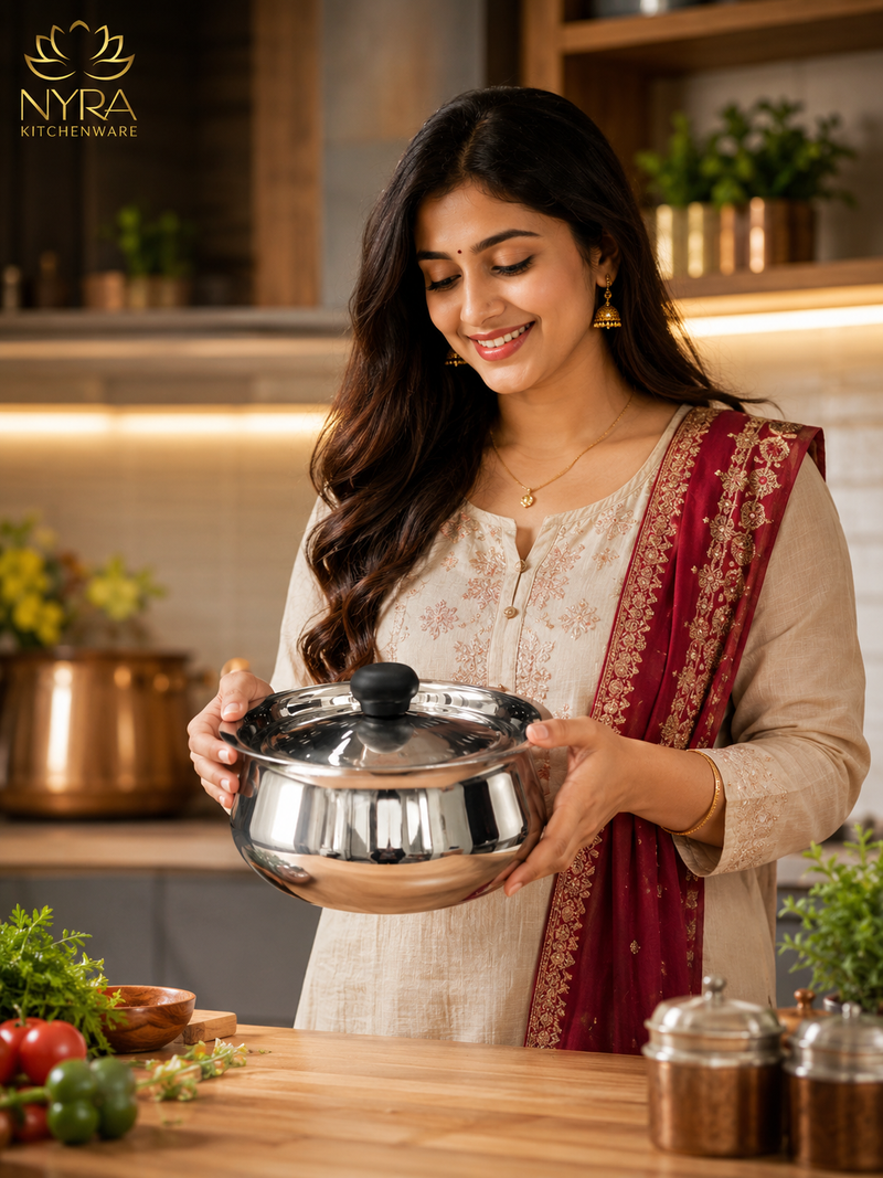 nyra-kitchenware-stainless-steel-serving-handi-with-lid-glossy-mirror-finish-serving-pot-curry-gravy-dal-sabzi-rice-biryani-serving-bowl-easy-grip-knob