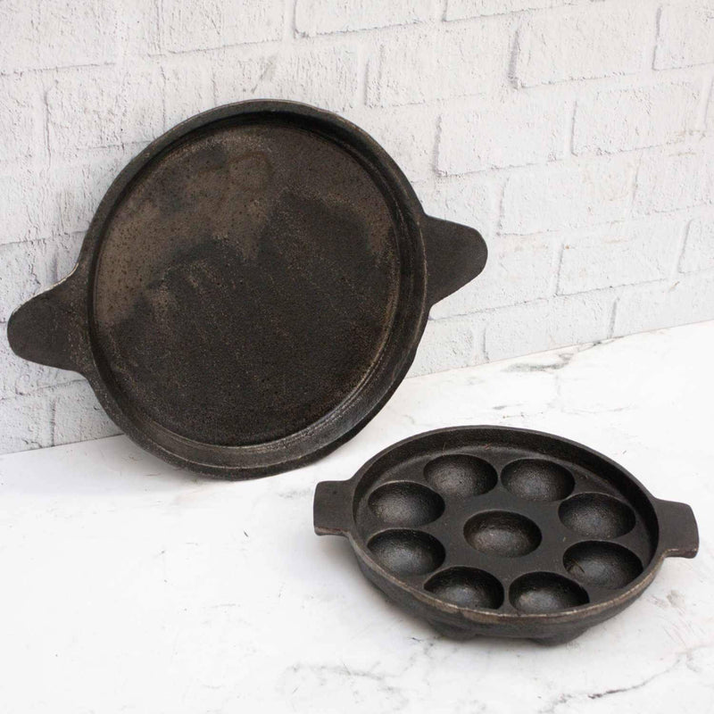 Cast Iron Combo : Kuzhipaniyaram Pan , Raised Edge Pan – Paniyaram Pan