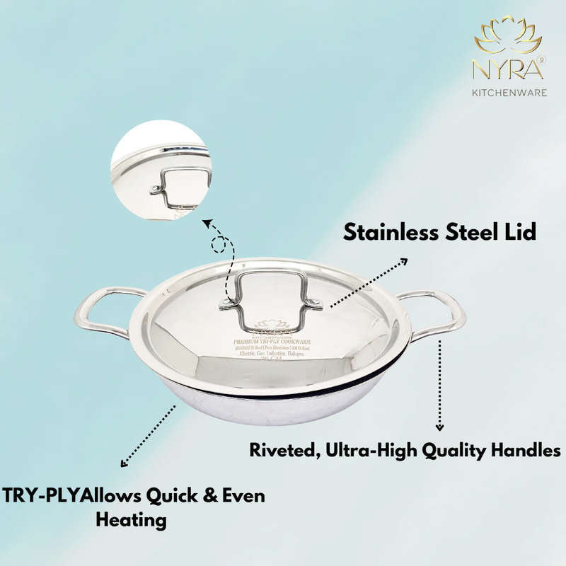 Triply Stainless Steel Kadai with Lid – Cooking Kadhai