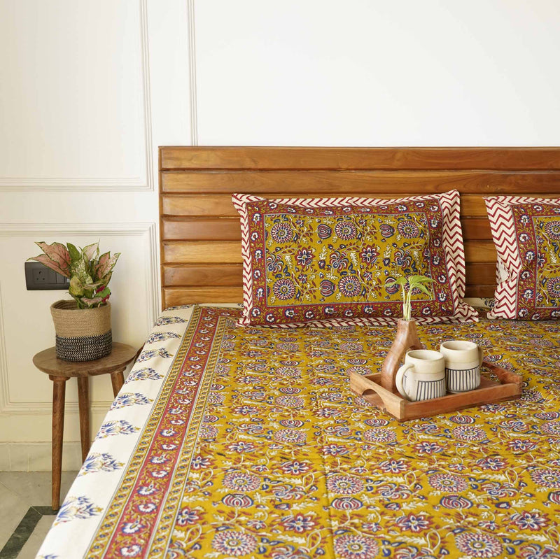 local-kala-kalamkari-mustard-flat-fitted-bedsheet-90x108-inches
