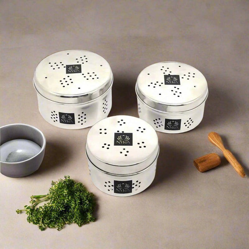 Stainless Steel Coriander Storage Box with Air Ventilation Holes  (Set of 3)– Storage Container