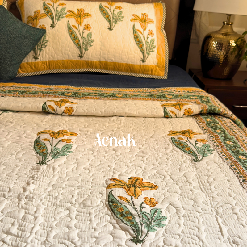 aenak-yellow-lily-handblock-reversible-quilted-bedcover-set