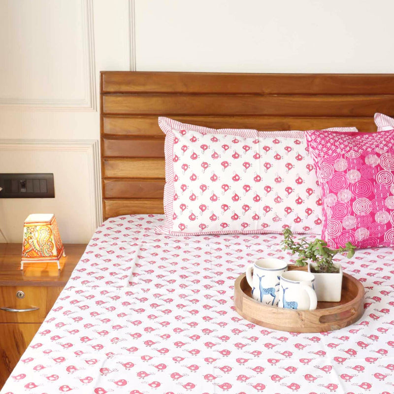 local-kala-pink-bird-handblock-bedsheet-108x108-inches