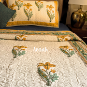 aenak-yellow-lily-handblock-bedsheet-quilted-bedcover-combo-set