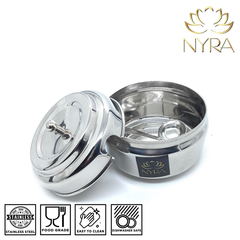 Stainless Steel Ghee/0il Pot Storage Container with Spoon – Cooking Spoon