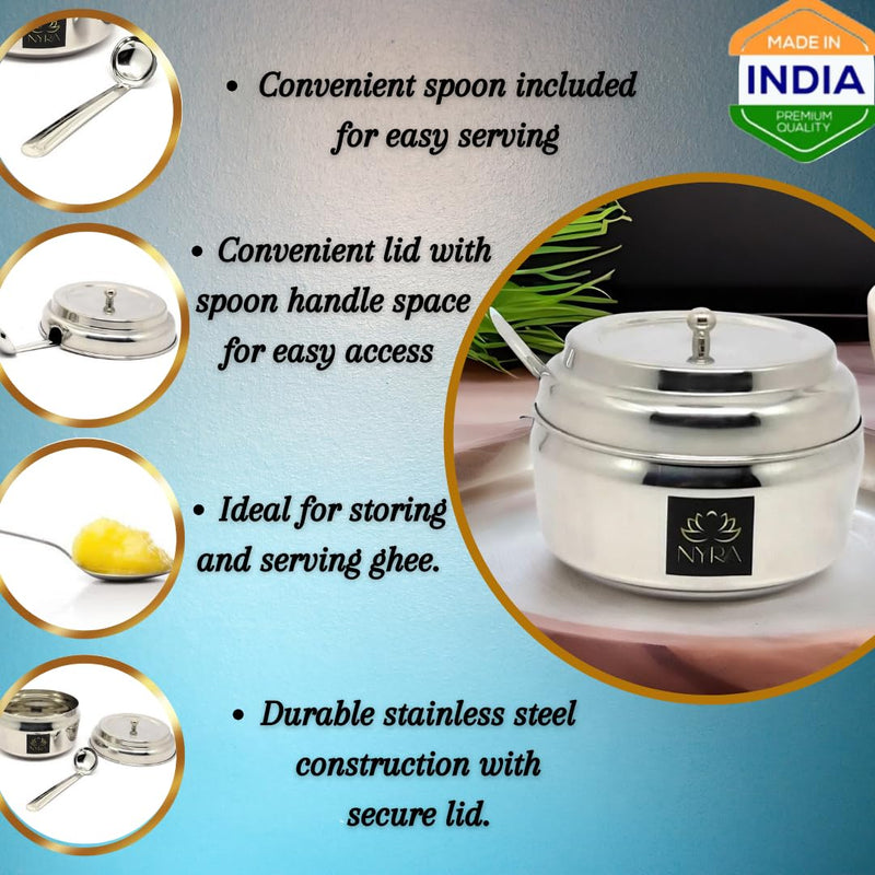 Stainless Steel Ghee/0il Pot Storage Container with Spoon – Cooking Spoon