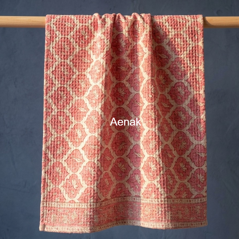 aenak-pink-parrot-handblock-printed-waffle-cotton-bathing-towel